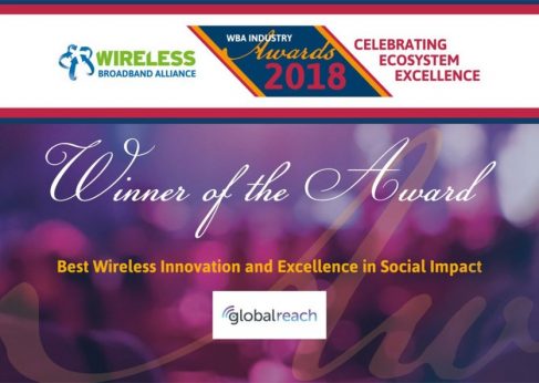 The certificate awarded to GlobalReach for the Best Wi-Fi for Social Impact Award 2018.