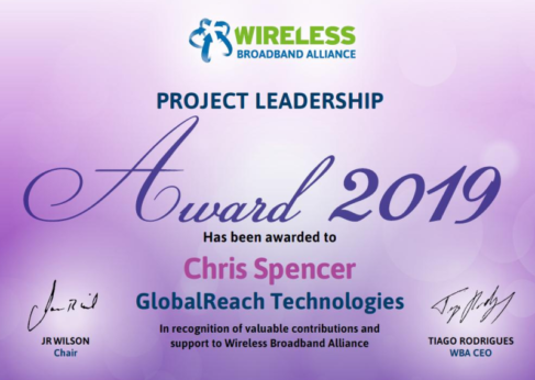 Certificate Awarded to GlobalReach Chris Spencer in the Wireless Broadband Alliance Leadership Awards.